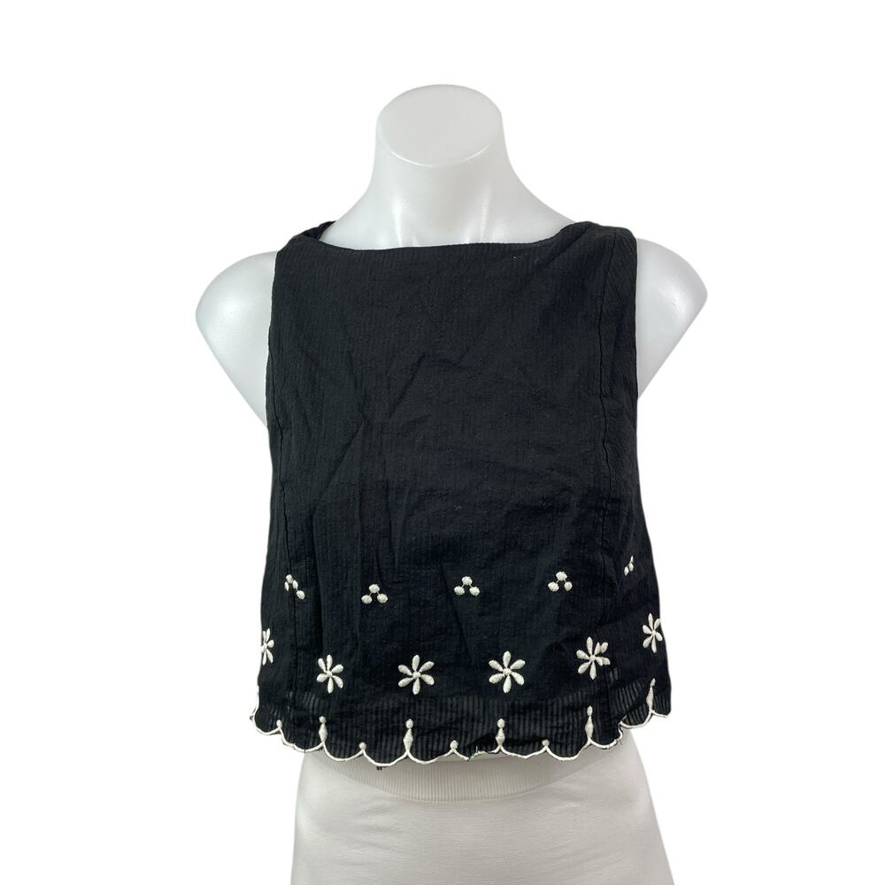 Free People Kayla Black Floral Embroidered Sleeveless Tie Blouse Top Size S - Picture 1 of 6